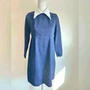 Vintage 1970’s Navy Blue White Dagger Collar Fitted Peter Pan Long Sleeve Dress